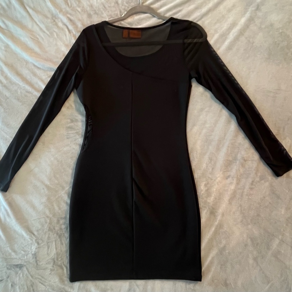 Chic Black Long Sleeve Bodycon Dress  Night Out with mesh inlays Goth Cocktail